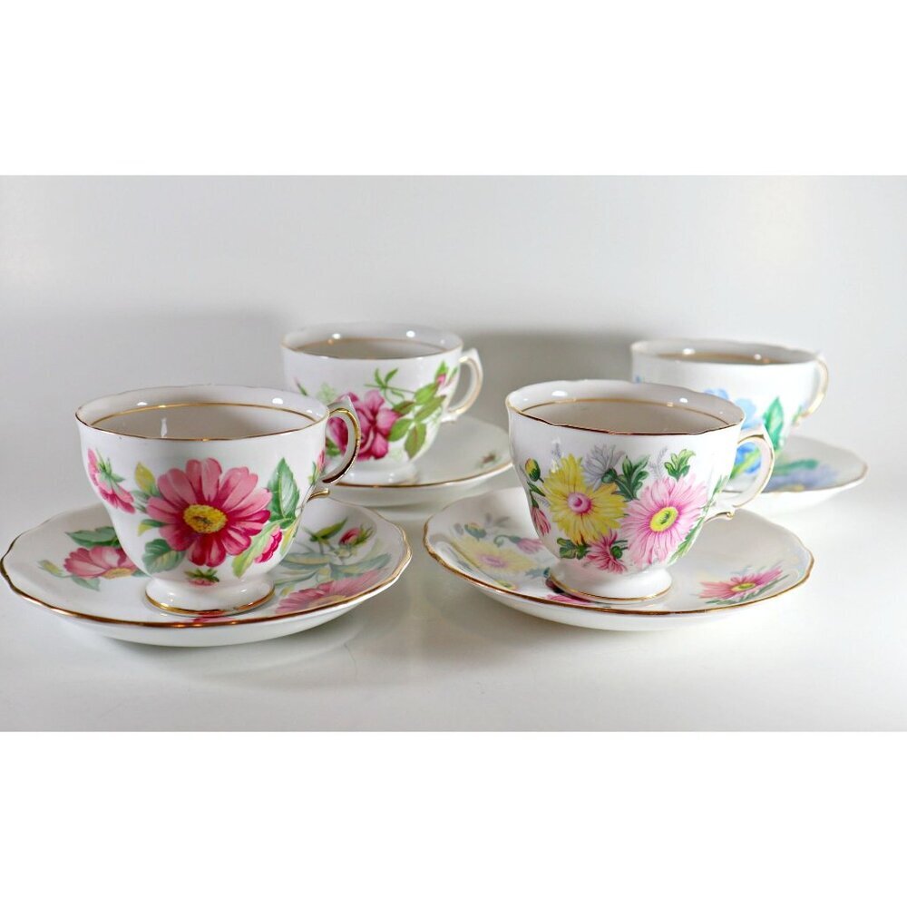 4 Vintage Teacups Saucers Royal Vale Floral Instant Collection Tea Cup